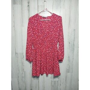 ZARA Women’s Dress Red Ditzy Floral Print V-Neck Long Sleeves Size Medium